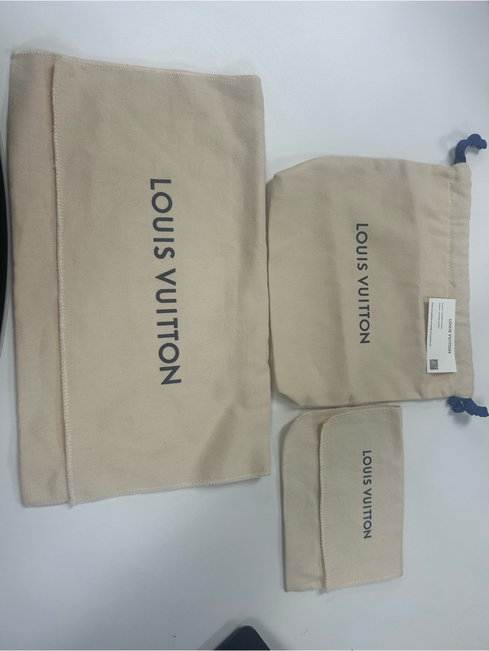 3 Louis Vuitton Beige Canvas Drawstring Dust Bag bundles with Blue Cord
